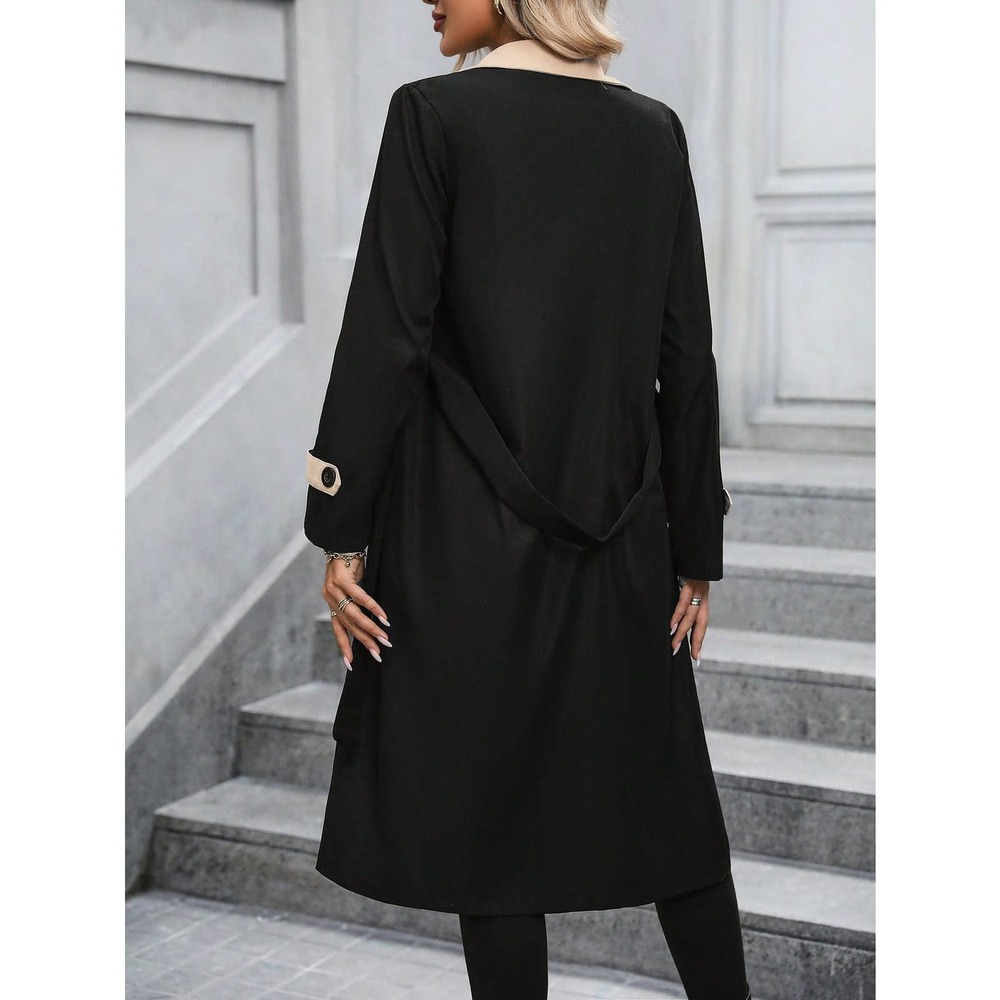 Two Tone Lapel Collar Belted Trench Coat preppy - Picture 2 of 9